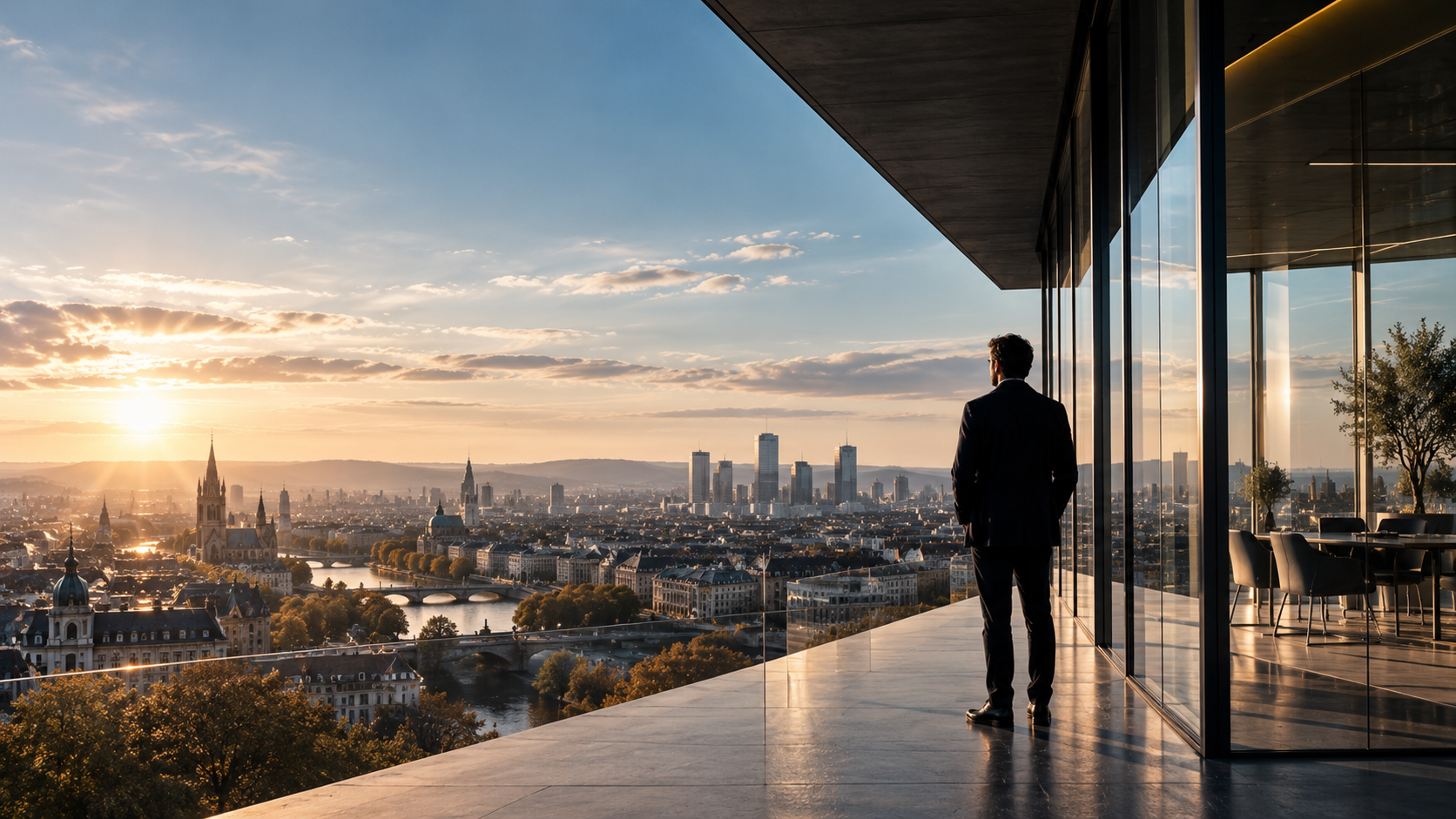 A European city at golden hour viewed from a contemporary architectural interior