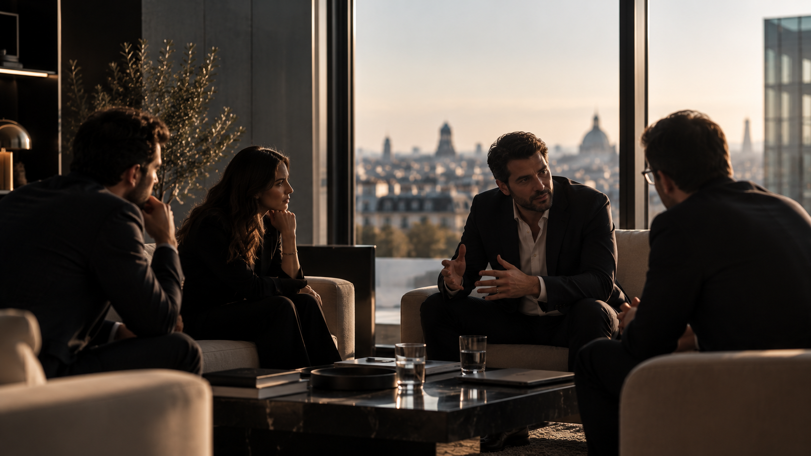 Entrepreneurs in a thoughtful conversation in a European interior