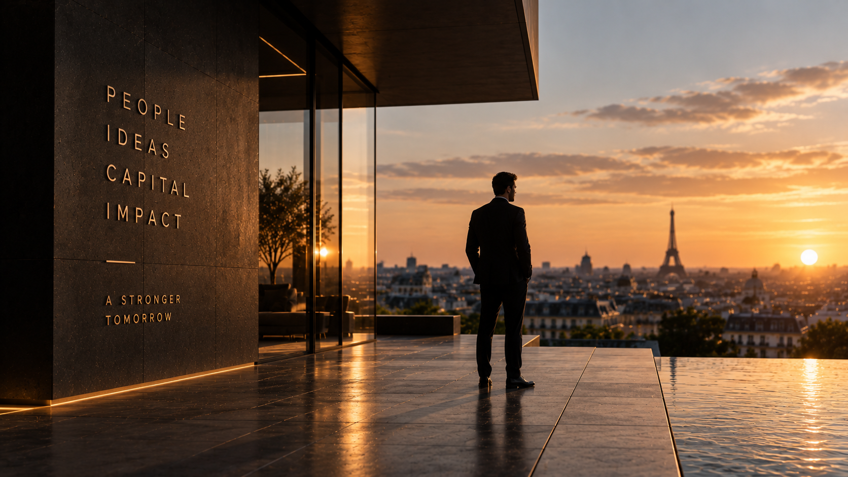 A calm architectural interior opening toward a European horizon